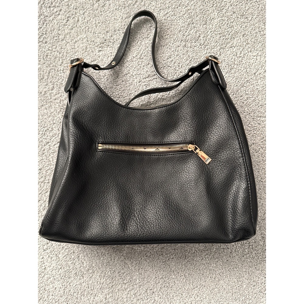 Black Pebbled Leather Hobo Shoulder Bag Triple Compartment Gold Hardware